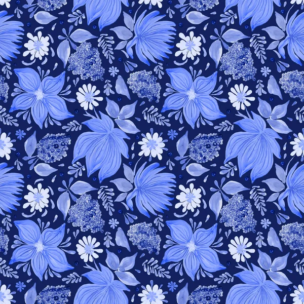 乌克兰民间绘画风格的花卉无缝图案Petrykivka 手工画出奇幻的花朵 深蓝色背景上的分枝 — 图库照片