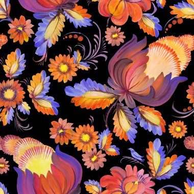 Ukrayna folklorik resim stili Petrykivka 'da çiçeksiz desen. Mavi ve sarı renkli el çizimi fantezi çiçekleri, siyah arka planda izole edilmiş yapraklar. Batik, web sayfası doldur, duvar kağıdı