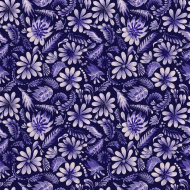 Ukrayna folklorik resim stili Petrykivka 'da çiçeksiz desen. El çizimi fantezi çiçekleri, yapraklar, çivit mavisi arka planda kıvırcık dallar