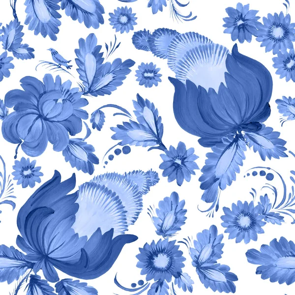 Floral seamless pattern in Ukrainian folk painting style Petrykivka. Blue colored hand drawn fantasy flowers, leaves and bird isolated on a white background