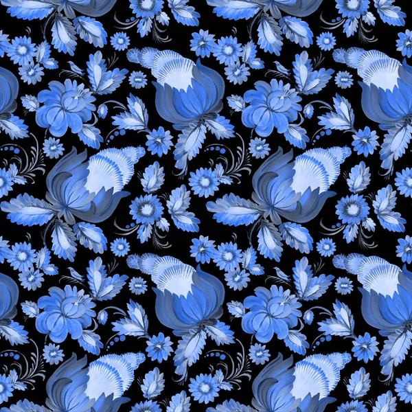Floral Seamless Pattern Ukrainian Folk Painting Style Petrykivka Blue Colored — Stock Photo, Image