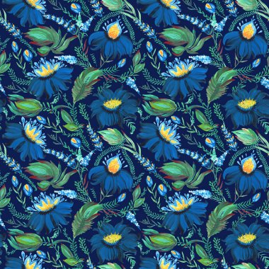 Ukrayna folklorik resim stili Petrykivka 'da çiçeksiz desen. El yapımı fantezi çiçekleri, yapraklar, koyu mavi bir arka planda izole edilmiş dallar. Batik boyası, duvar kağıdı, tekstil baskısı.