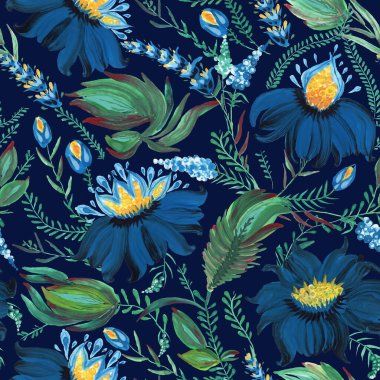 Floral seamless pattern in Ukrainian folk painting style Petrykivka. Hand drawn fantasy flowers, leaves, branches isolated on a dark indigo blue background clipart