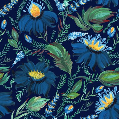 Ukrayna folklorik resim stili Petrykivka 'da çiçeksiz desen. El yapımı fantezi çiçekleri, yapraklar, koyu mavi bir arka planda izole edilmiş dallar. Batik boyası, duvar kağıdı, tekstil baskısı.