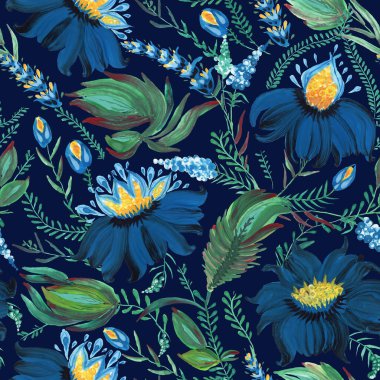 Ukrayna folklorik resim stili Petrykivka 'da çiçeksiz desen. El yapımı fantezi çiçekleri, yapraklar, koyu mavi bir arka planda izole edilmiş dallar. Batik boyası, duvar kağıdı, tekstil baskısı.