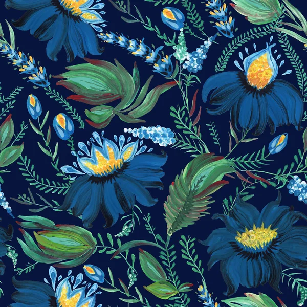 Floral seamless pattern in Ukrainian folk painting style Petrykivka. Hand drawn fantasy flowers, leaves, branches isolated on a dark indigo blue background. Batik paint, wallpaper, textile print