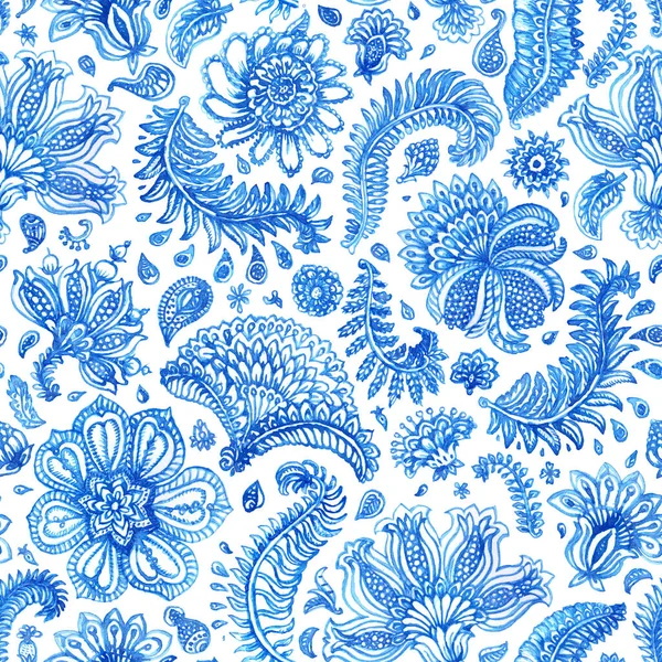 꽃무늬가 환상적 바탕에 푸른색 물색의 장식을칠 하였다 페이퍼 포장지 인쇄물 — 스톡 사진