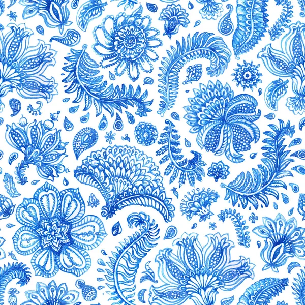 Çiçeksiz desen. Paisley elementleri, yeşillik, muhteşem bir çiçek. Beyaz arka planda mavi suluboya süs. Duvar kağıdı, ambalaj kağıdı, bohem tekstil baskısı, batik