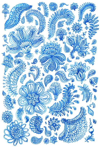 Streszczenie Kwiatowy Akwarela Malowany Zestaw Izolowany Białym Tle Paisley Elementy — Zdjęcie stockowe