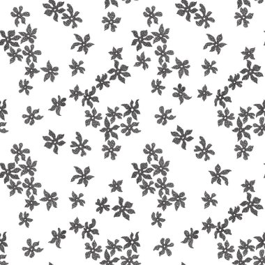 Papatya ve papatya çiçeklerinden küçük siyah daireler ve noktalardan gelen kusursuz çiçek desenleri. Beyaz arkaplanda modaya uygun millefleur biçimi