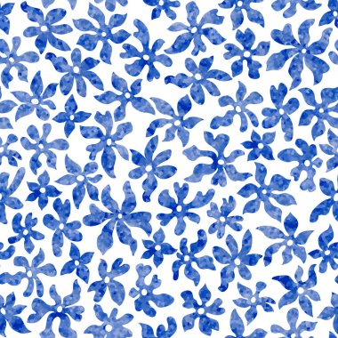 Mavi eldeki çiçek desenleri küçük çiçekler çiziyordu. Modaya uygun millefleur stili, suluboya desenli. Batik, duvar kağıdı, ambalaj kağıdı, kumaş baskısı, albüm kapağı