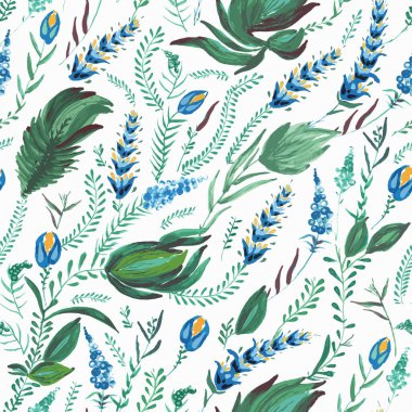 Ukrayna folklorik resim stili Petrykivka 'da çiçeksiz desen. El çizimi fantezi çiçekleri, yapraklar, beyaz arka planda soyutlanmış dallar. Batik boya, sayfa dolgu, duvar kağıdı, tekstil baskısı.