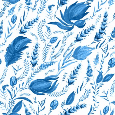 Mavi çiçek deseni Ukrayna folklorik resim stilinde Petrykivka. El çizimi fantezi çiçekleri, yapraklar, beyaz arka planda soyutlanmış dallar. Batik boyası, duvar kağıdı, tekstil baskısı.