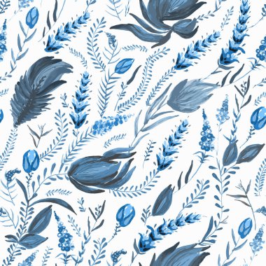 Mavi çiçek deseni Ukrayna folklorik resim stilinde Petrykivka. El çizimi fantezi çiçekleri, yapraklar, beyaz arka planda soyutlanmış dallar. Batik boyası, duvar kağıdı, tekstil baskısı.