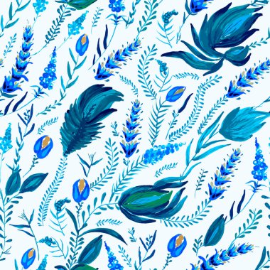 Mavi çiçek deseni Ukrayna folklorik resim stilinde Petrykivka. El çizimi fantezi çiçekleri, yapraklar, beyaz arka planda soyutlanmış dallar. Batik boyası, duvar kağıdı, tekstil baskısı.