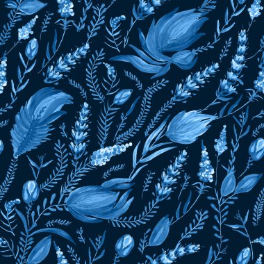 Mavi çiçek deseni Ukrayna folklorik resim stilinde Petrykivka. El yapımı fantezi çiçekleri, yapraklar, koyu mavi bir arka planda izole edilmiş dallar. Batik boyası, duvar kağıdı, tekstil baskısı.