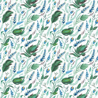 Ukrayna folklorik resim stili Petrykivka 'da çiçeksiz desen. El çizimi fantezi çiçekleri, yapraklar, beyaz arka planda soyutlanmış dallar. Batik boya, sayfa dolgu, duvar kağıdı, tekstil baskısı.