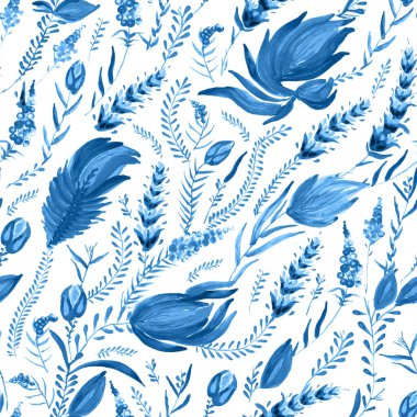 Mavi çiçek deseni Ukrayna folklorik resim stilinde Petrykivka. El çizimi fantezi çiçekleri, yapraklar, beyaz arka planda soyutlanmış dallar. Batik boyası, duvar kağıdı, tekstil baskısı.