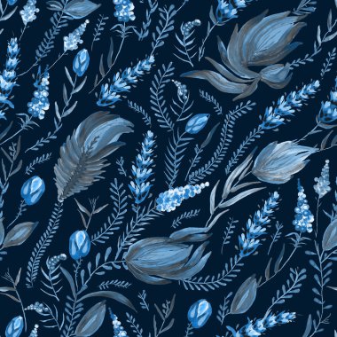 Mavi çiçek deseni Ukrayna folklorik resim stilinde Petrykivka. El yapımı fantezi çiçekleri, yapraklar, koyu mavi bir arka planda izole edilmiş dallar. Batik boyası, duvar kağıdı, tekstil baskısı.