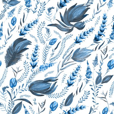 Mavi çiçek deseni Ukrayna folklorik resim stilinde Petrykivka. El çizimi fantezi çiçekleri, yapraklar, beyaz arka planda soyutlanmış dallar. Batik boyası, duvar kağıdı, tekstil baskısı.