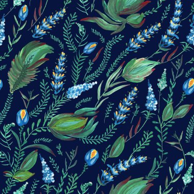 Ukrayna folklorik resim stili Petrykivka 'da çiçeksiz desen. El yapımı fantezi çiçekleri, yapraklar, koyu mavi bir arka planda izole edilmiş dallar. Batik boyası, duvar kağıdı, tekstil baskısı.