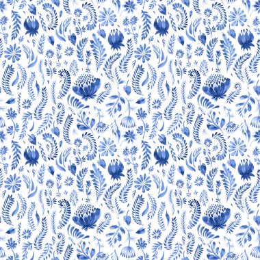 Mavi renkli suluboya çiçek desenli Ukrayna folkloru Petrykivka tarzında. Fantezi çiçekleri, yapraklar, beyaz arka planda izole edilmiş otlar. Batik, sayfa doldur, albüm kapağı, poster, tekstil baskısı