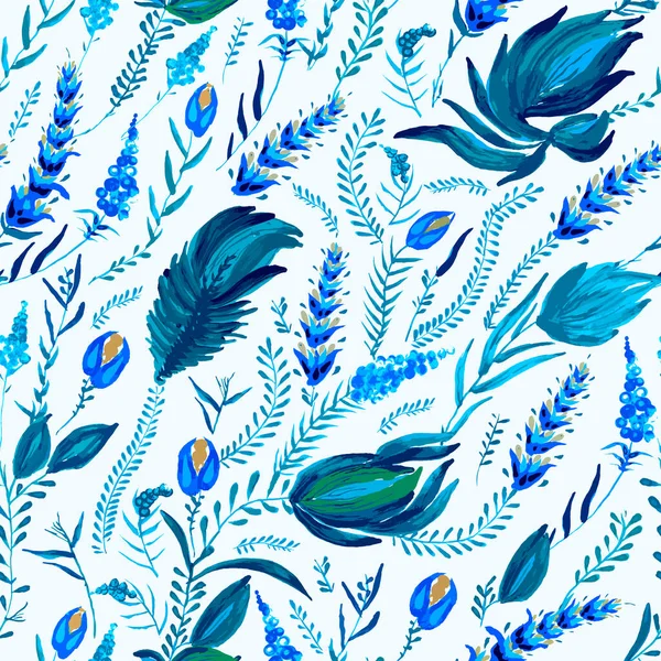 Mavi çiçek deseni Ukrayna folklorik resim stilinde Petrykivka. El çizimi fantezi çiçekleri, yapraklar, beyaz arka planda soyutlanmış dallar. Batik boyası, duvar kağıdı, tekstil baskısı.