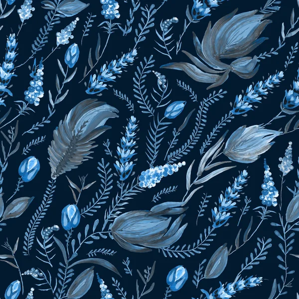 Mavi çiçek deseni Ukrayna folklorik resim stilinde Petrykivka. El yapımı fantezi çiçekleri, yapraklar, koyu mavi bir arka planda izole edilmiş dallar. Batik boyası, duvar kağıdı, tekstil baskısı.