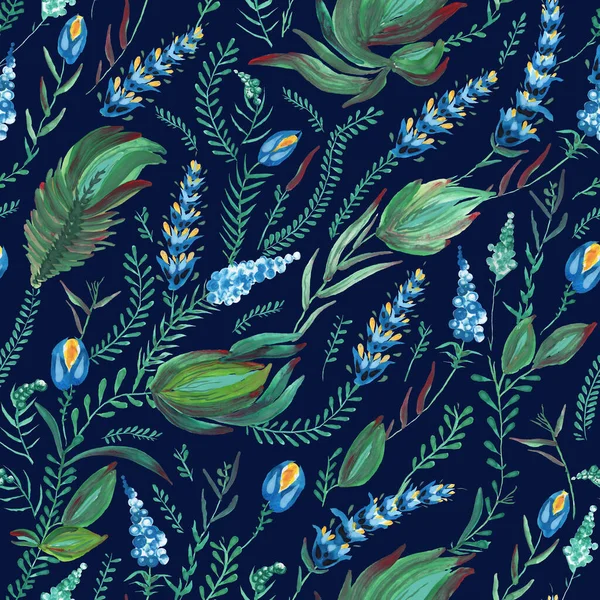 Ukrayna folklorik resim stili Petrykivka 'da çiçeksiz desen. El yapımı fantezi çiçekleri, yapraklar, koyu mavi bir arka planda izole edilmiş dallar. Batik boyası, duvar kağıdı, tekstil baskısı.