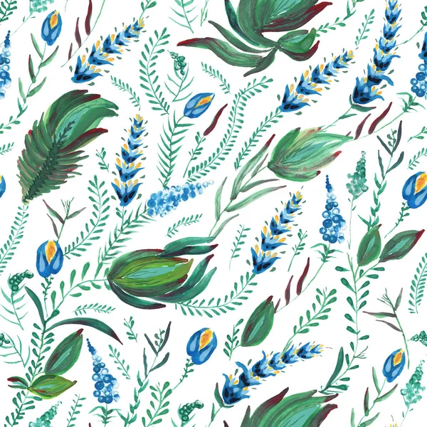 Ukrayna folklorik resim stili Petrykivka 'da çiçeksiz desen. El çizimi fantezi çiçekleri, yapraklar, beyaz arka planda izole dallar.