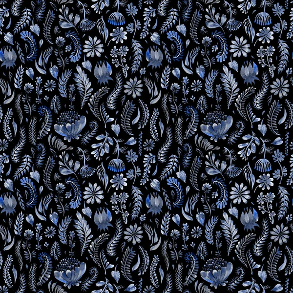 蓝色水彩花无缝图案 乌克兰民间绘画风格 Petrykivka 幻想中的花朵 香草在黑色背景上被分离出来 相册封面 纺织品印花 — 图库照片