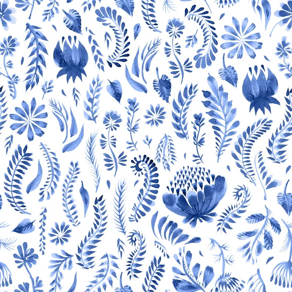 Blue colored watercolor floral seamless pattern in Ukrainian folk painting style Petrykivka. Fantasy flowers, leaves, herbs isolated on a white background