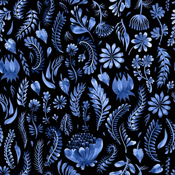 우크라이나 양식의 페트리 Petrykivka 파란색 꽃무늬이다 환상의 나뭇잎 배경에 — 스톡 사진