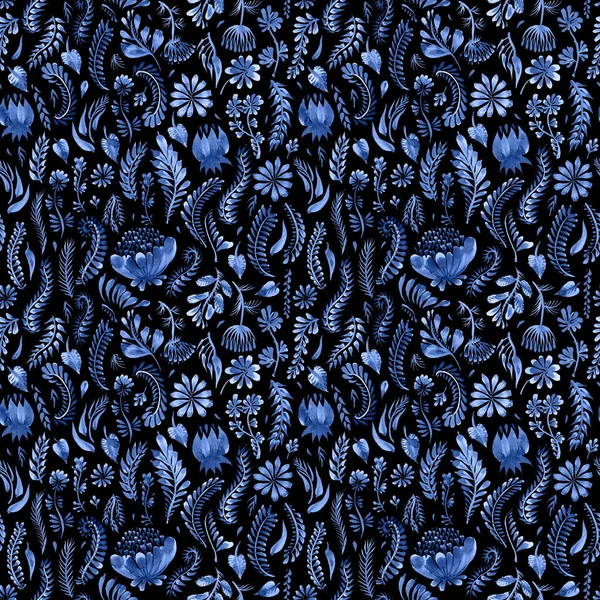 蓝色水彩花无缝图案 乌克兰民间绘画风格 Petrykivka 幻想中的花朵 香草在黑色背景上被隔离 — 图库照片