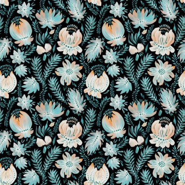 Suluboya, Ukrayna halk resimleri tarzında çiçek desenli Petrykivka boyadı. El çizimi fantezi çiçekleri, yapraklar, siyah arka planda dallar. Batik, sayfa doldur, poster, tekstil baskısı