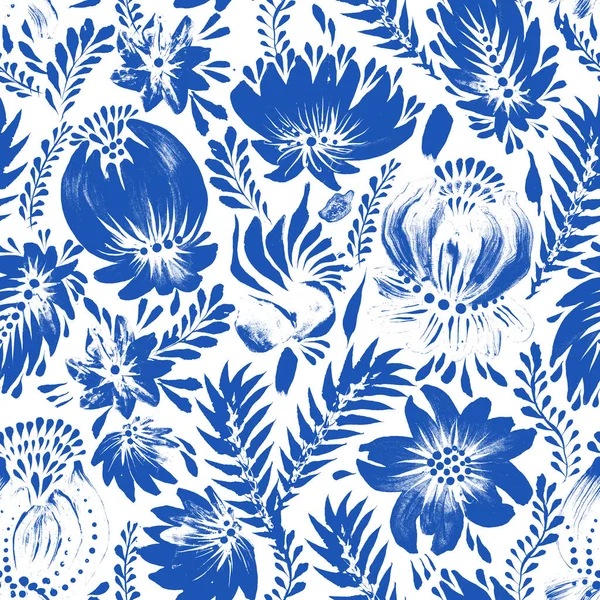 Watercolor painted Floral seamless pattern in Ukrainian folk painting style Petrykivka. Hand drawn fantasy flowers, leaves, branches on a white background. Batik, page fill, poster, textile print