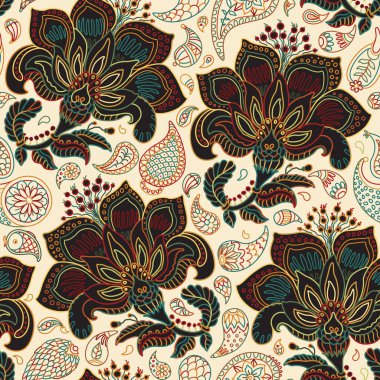 Bej arka planda el çizimi fantezi desenleri ve çiçek. Çiçekli Kızılderili hatları. Duvar kağıdı, ambalaj kağıdı, tekstil baskısı, batik 