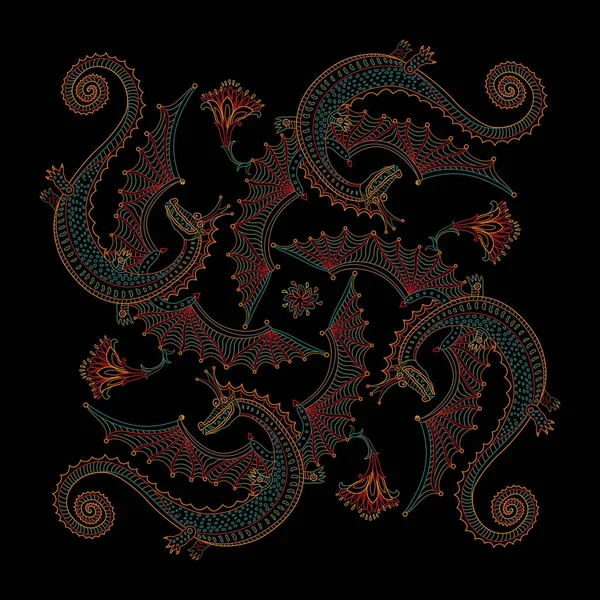 Vector Scarf Print Dragon Monsters Black Background Rosette Dark Colorful — Stock Vector