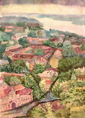 Kiev 'deki Podil bölgesinin eski sokaklarına tepeden bak. Suluboya manzara, eski evler ve kiliseler, bahar çiçekli ağaçlar Mayıs fırtınasından sonra güneş tarafından aydınlatılan