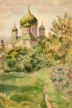 Suluboya günbatımı manzarası. Ukrayna 'nın Chernigiv bölgesinde bir katedral. Renkli illüstrasyon, klasik Paskalya tebrik kartı