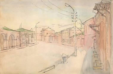 80. Cadde 'den günbatımı manzarası. Ortaçağ kemerli galerisi, deposu, eski evleri olan Doğu Avrupa taşra kasabasında bir sokak. Renkli illüstrasyon, mürekkep ve kalem üzerine suluboya resim
