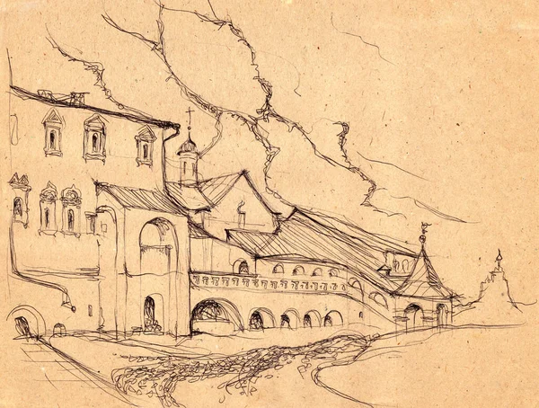 Black Ink Pen Hand Drawn Architectural Landscape Sketch Aged Beige — Stock Photo, Image