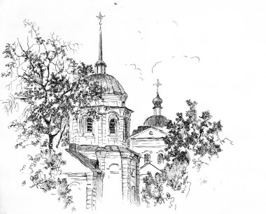 Chernihiv 'deki Ukrayna' da eski bir sokak manzarası olan eski bir mimari yapı kilisesinin el çizimi. Mürekkep ve kalem Siyah ve beyaz karalama çizimi 