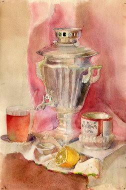 Bir bardak çay, cupronickel semaver, klasik şeker kasesi, limon, pembe örtülü reçelli reçel içeren suluboya resim. Tarif kitabı kapağı, yemek menüsü broşürü illüstrasyonu