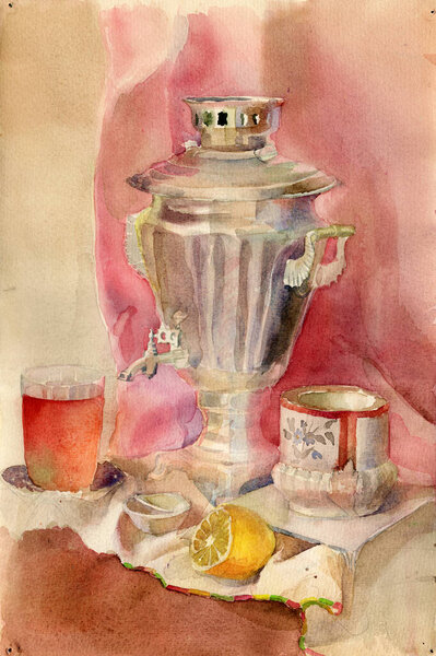 Watercolor still life illustration with glass of tea, cupronickel samovar, vintage sugar bowl, lemon, rosette with jam on a pink drapery background. Recipe-book cover, food menu brochure illustration