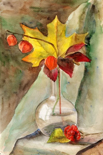 Aquarell Herbst Stillleben Mit Glas Dekanter Krug Ahornblatt Physalis Pflanzenblüten — Stockfoto