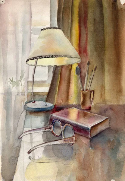 Watercolor Still Life Book Eyeglasses Vase Brushes Table Vintage Lamp — Stock Photo, Image