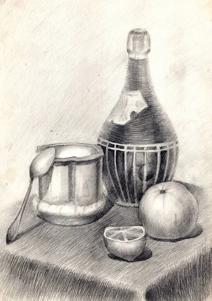 Still life illustration made in pencil on paper. A dark glass bottle of old wine in a wicker case, vintage porcelain painted faience sugar bowl, sliced lemon, orange fruit and silver teaspoon on the tablecloth