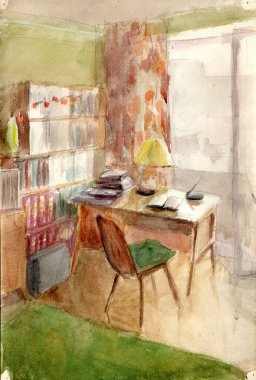 Küçük Sovyet apartman dairesinin suluboya çizimi. Oturma odası, eski vintage döner tablolu dolap, kitap rafları, masa lambalı yazı masası, yerde yeşil halı.