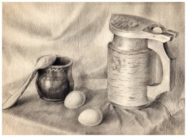 Still life illustration in rustic style made in pencil on paper. Antique wooden beer mug with birch bark lid, glazed ceramic painted vase jug, wood carved spoon and two eggs on the background of draperies clipart